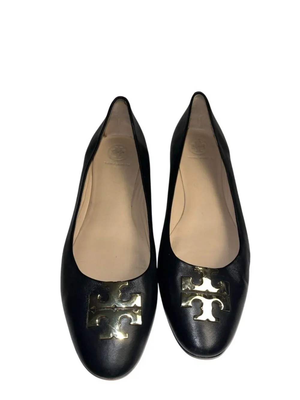 Tory Burch Black Leather Logo Ballet Flats Womens Size 8M With Gold Hardware